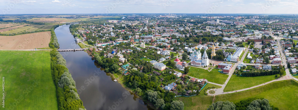 Panoramic aerial view of Kolomna and Moscow river at sunny day. Moscow Oblast, Russia.