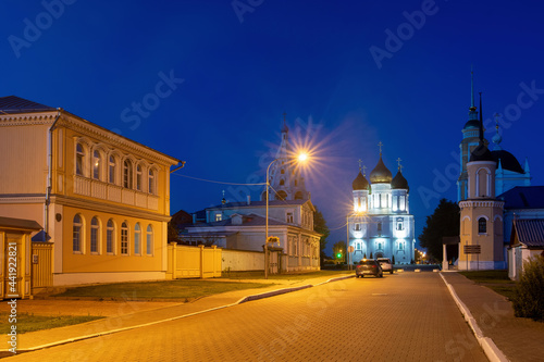 Night view of old town street and churches on Sobornaya square in Kolomna Kremlin. Kolomna, Moscow Oblast, Russia.