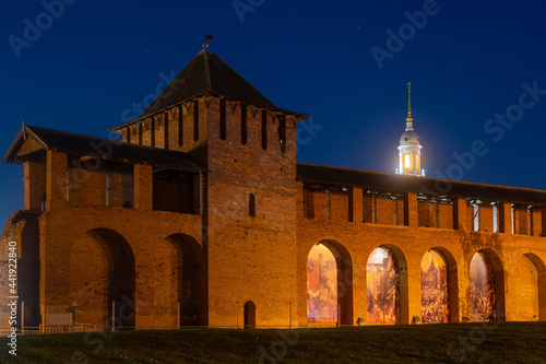 Night view of Kremlin wall and tower and steeple of St. John the Evangelist church. Kolomna, Moscow Oblast, Russia.