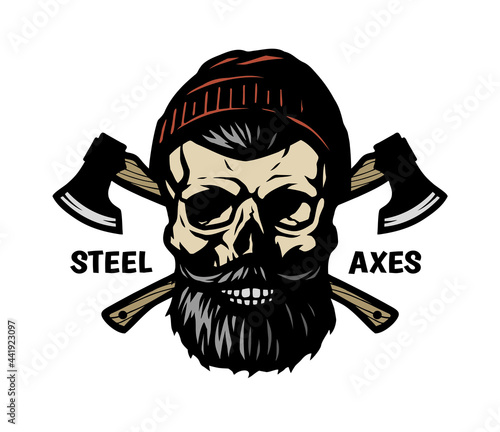A lumberjack skull with a beard, a hat and two axes. Vector illustration.