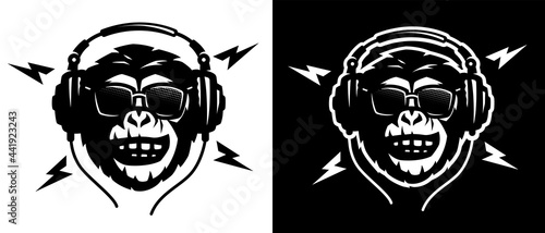 Monkey head with headphones and sunglasses on a light and dark background. Vector illustration.