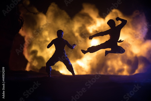 Karate athletes fighting scene on boxing ring with red ropes. Character karate. Posing figure artwork decoration. Sport concept. Decorated foggy background with light. Selective focus