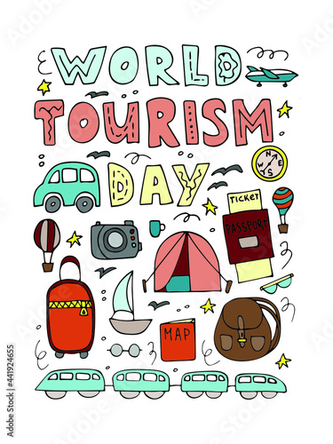 World tourism day, doodles. Hand drawn set of tourism elements. Card, poster, banner, background.