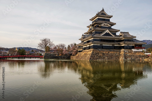Matsumoto castle with skyline reflection in spring