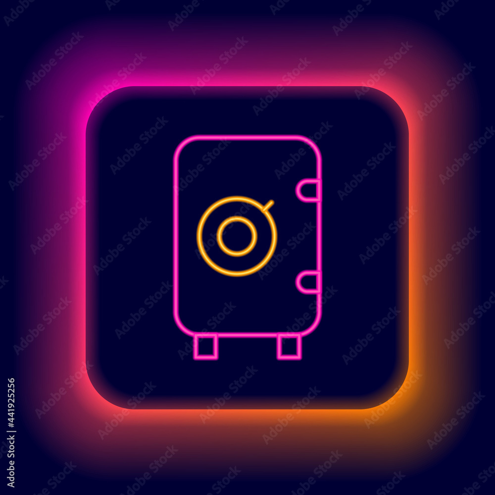 Glowing neon line Safe icon isolated on black background. The door safe a bank vault with a combination lock. Reliable Data Protection. Colorful outline concept. Vector Glowing neon line Safe icon isolated on black background. The door safe a bank vault with a combination lock. Reliable Data Protection. Colorful outline concept. Vector