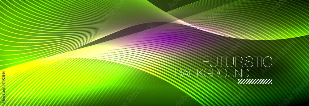 Abstract neon glowing light in the dark with waves. Shiny magic energy and motion concept, vector abstract wallpaper background Abstract neon glowing light in the dark with waves. Shiny magic energy and motion concept, vector abstract wallpaper background