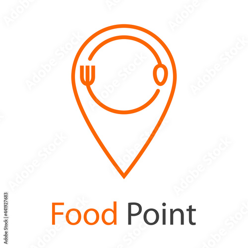 Logo con texto Food Point con tenedor y cuchara con forma de circulo en marcador de posición con lineas en color naranja
