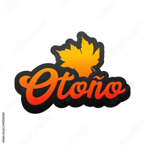 Logo con palabra Otoño en español con hoja de arce con sombra en color naranja