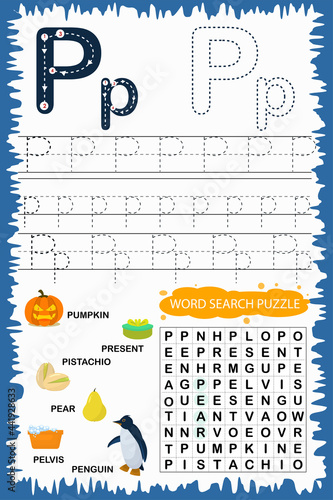 educational worksheet for children learning the English alphabet. Handwriting and crossword puzzle game for memorizing words. Letter P	