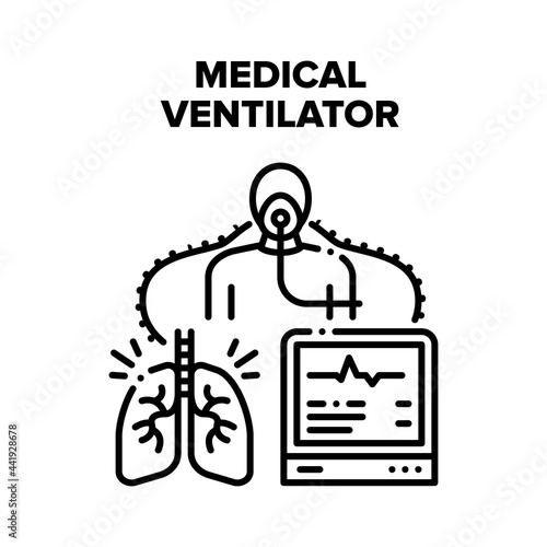Medical Ventilator Equipment Vector Icon Concept. Medical Ventilator Equipment For Help Patient Breath. Oxygen Medicine Device With Digital Screen For Monitoring Human Health Black Illustration