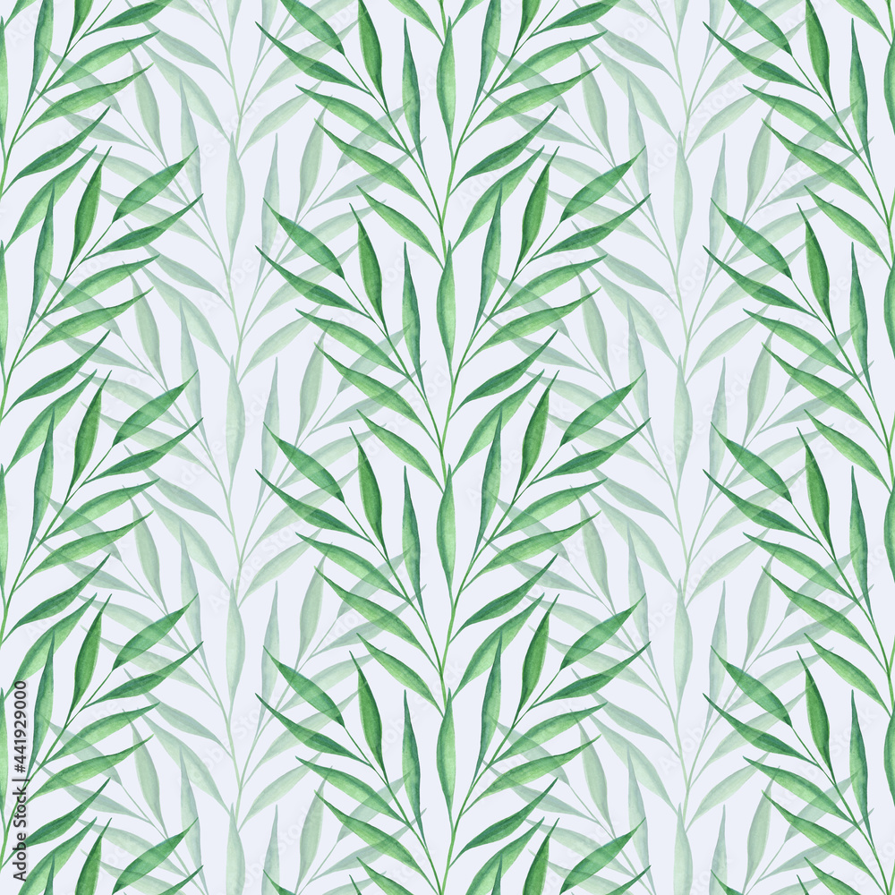 Spring watercolor branches fresh green seamless pattern. Bright botanical drawing allover foliage print