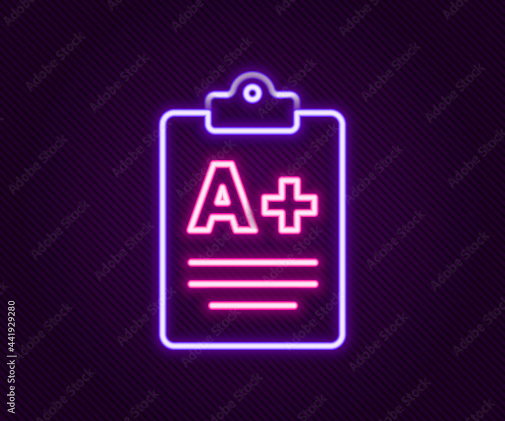 Glowing neon line Exam sheet with A plus grade icon isolated on black background. Test paper, exam, or survey concept. School test or exam. Colorful outline concept. Vector Glowing neon line Exam sheet with A plus grade icon isolated on black background. Test paper, exam, or survey concept. School test or exam. Colorful outline concept. Vector