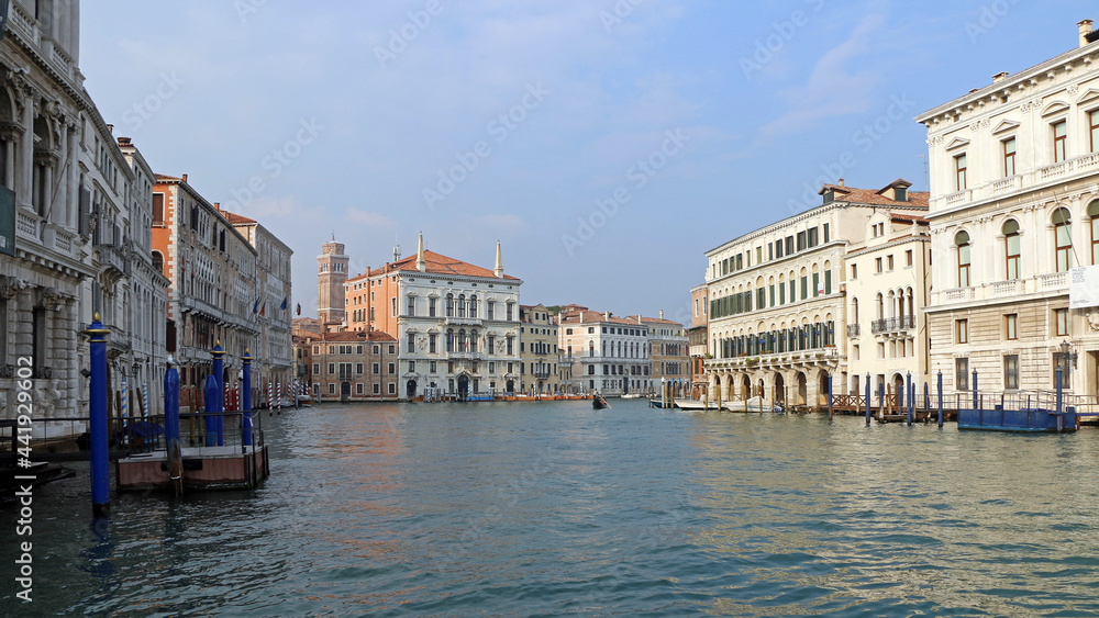 Panoramic view of Grand Canal from a boat trip, Venice, Italy.