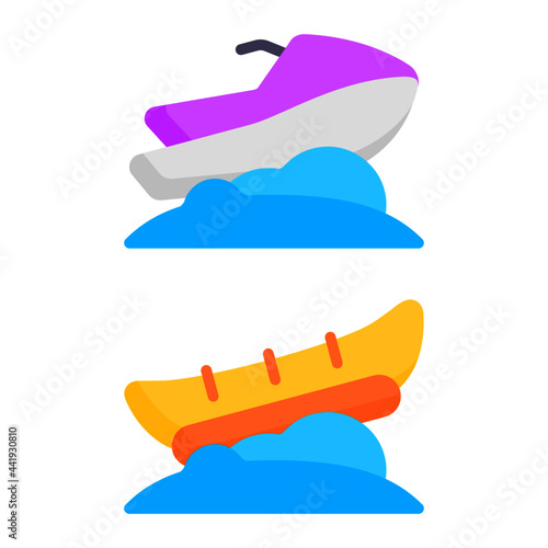 Banana boat and jetski icon with flat style. Suitable for website design, logo, app and UI. Based on the size of the icon in general, so it can be reduced.