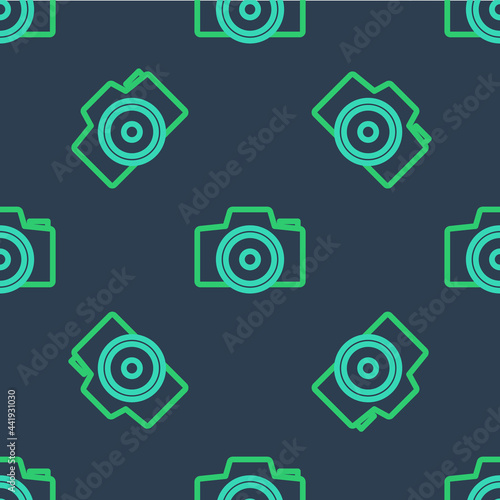 Line Photo camera icon isolated seamless pattern on blue background. Foto camera. Digital photography. Vector