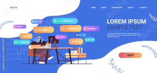 businessman at workplace communicate in instant messengers by voice messages audio chat application social media