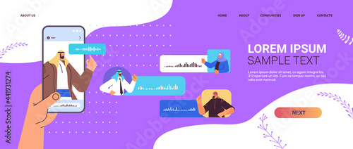 arab businesspeople communicating in instant messengers by voice messages audio chat application social media