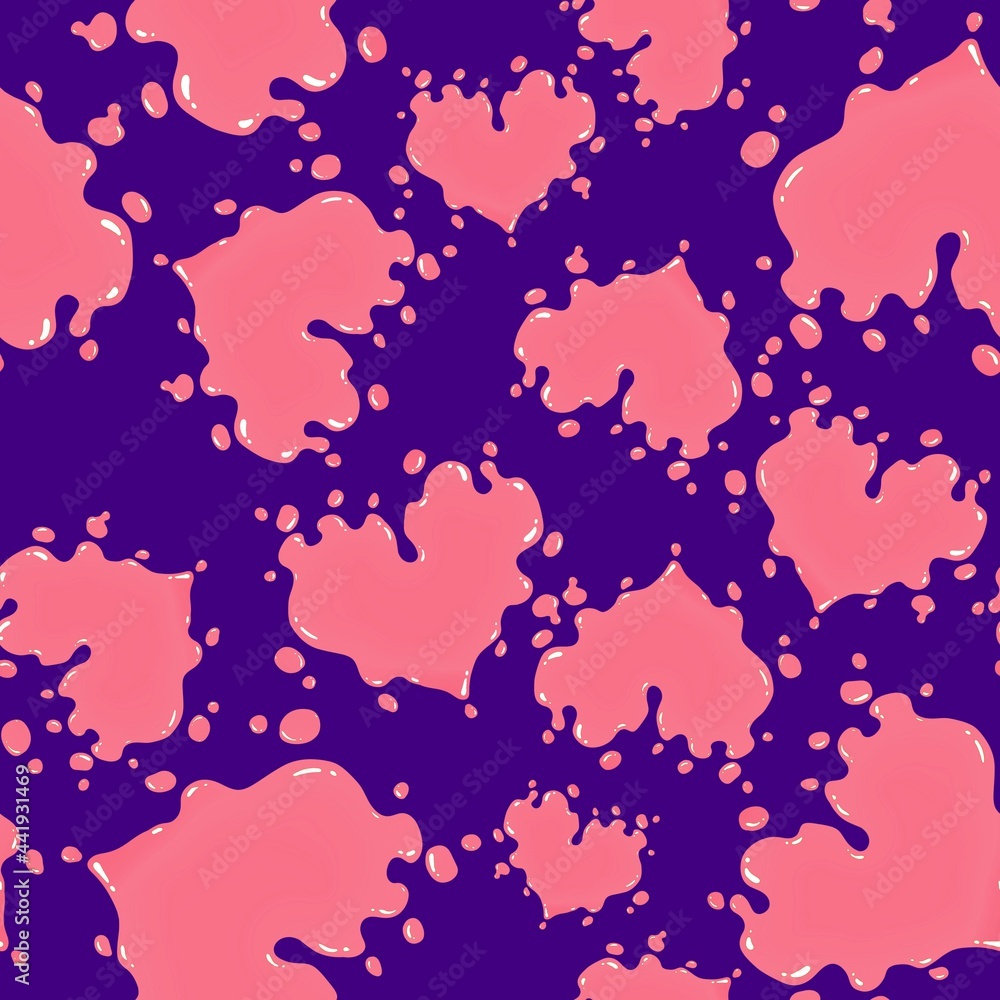 Pink liquid hearts on a violet background. Seamless pattern. Abstract artistic repeating pattern.