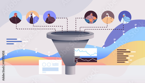 arabic businesspeople customers or employees sales funnel cone internet marketing concept horizontal