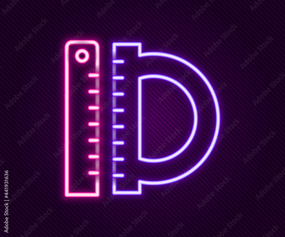 Glowing neon line Protractor grid for measuring degrees icon isolated on black background. Tilt angle meter. Measuring tool. Geometric symbol. Colorful outline concept. Vector Glowing neon line Protractor grid for measuring degrees icon isolated on black background. Tilt angle meter. Measuring tool. Geometric symbol. Colorful outline concept. Vector