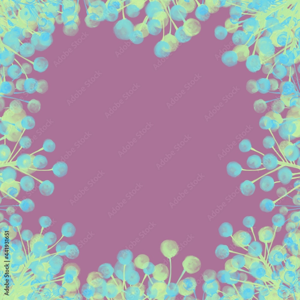 Berries on the branches. Square frame. Botanical background.