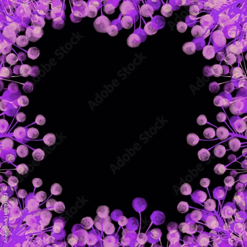 Lilac, pink berries on the branches. Square black frame. Botanical background.