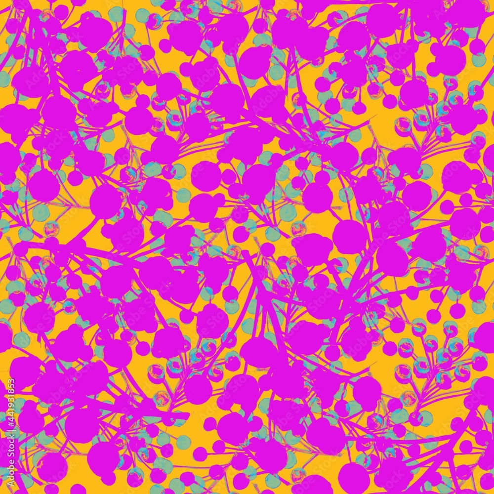 Branches with berries. Seamless pattern. Pink, yellow berries on a blue background. Botanical pattern for textiles, fabric, packaging, paper, clothing.