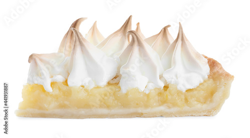 Piece of delicious lemon meringue pie isolated on white