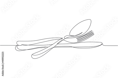 Continuous one line of spoon fork and knife in silhouette on a white background. Linear stylized.Minimalist.