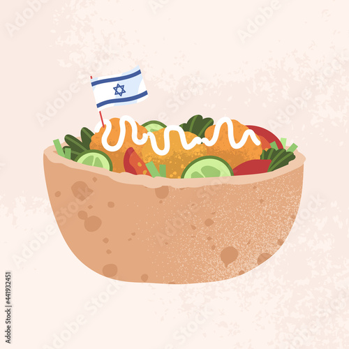 Falafel jewish meatless fast food. Vegan chickpea balls with vegetables in pita pocket and sauce on top. Eastern halal cuisine isolated vector.