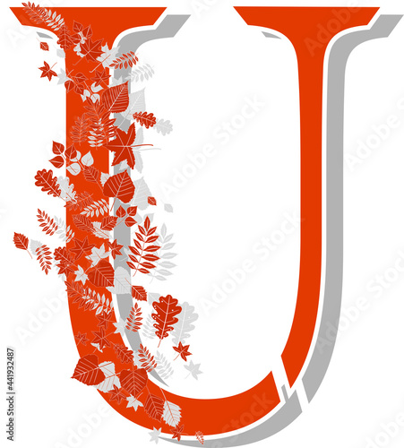 Autumn alphabet. The letter U, orange with shadows and beautiful autumn leaves in the wind. Illustration on a white background.