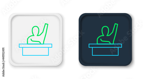 Line Active male kid raising hand answering to teacher question icon isolated on white background. An elementary student raises his hand. Colorful outline concept. Vector