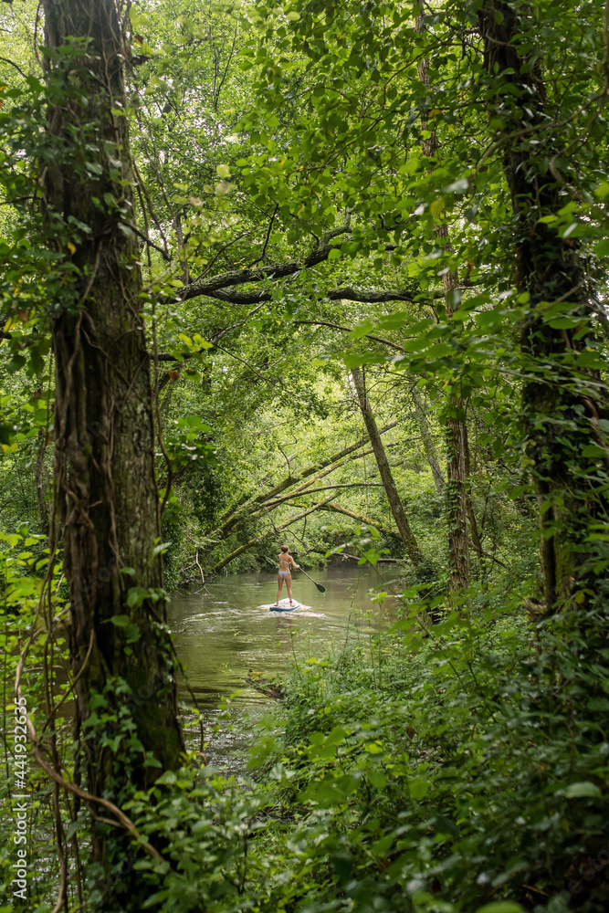 beautiful athletic young woman paddling in the middle of a marvelous scenery beautiful athletic young woman paddling in the middle of a marvelous scenery