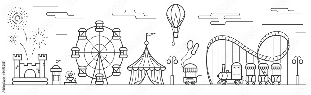 Panorama of an amusement park with a ferris wheel, circus, rides, balloon, bouncy castle. Landscape of urban park. Outline vector illustration - obrazy, fototapety, plakaty 