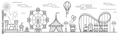 Panorama of an amusement park with a ferris wheel, circus, rides, balloon, bouncy castle. Landscape of urban park. Outline vector illustration