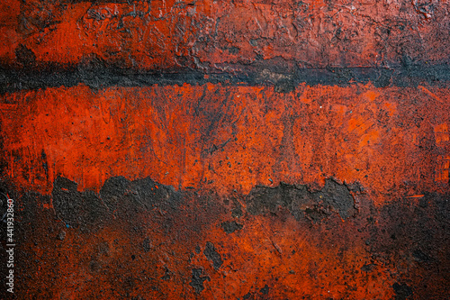 Old red matal sheet with rust and oily in the garage can be use as background 