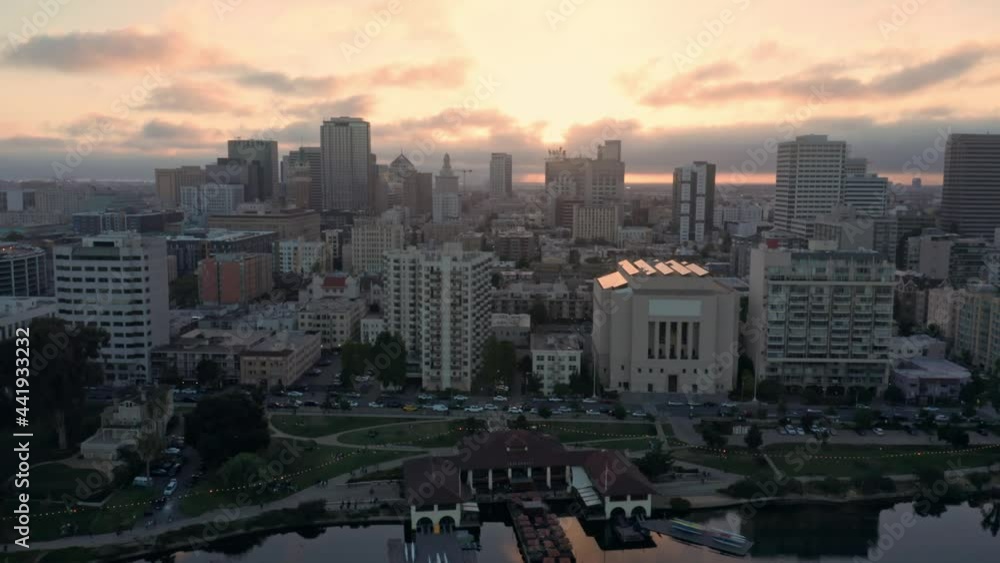 Aerial Shot Of Oakland City Skyline & Lake Merritt at sunset. Oakland, USA Aerial Shot Of Oakland City Skyline & Lake Merritt at sunset. Oakland, USA