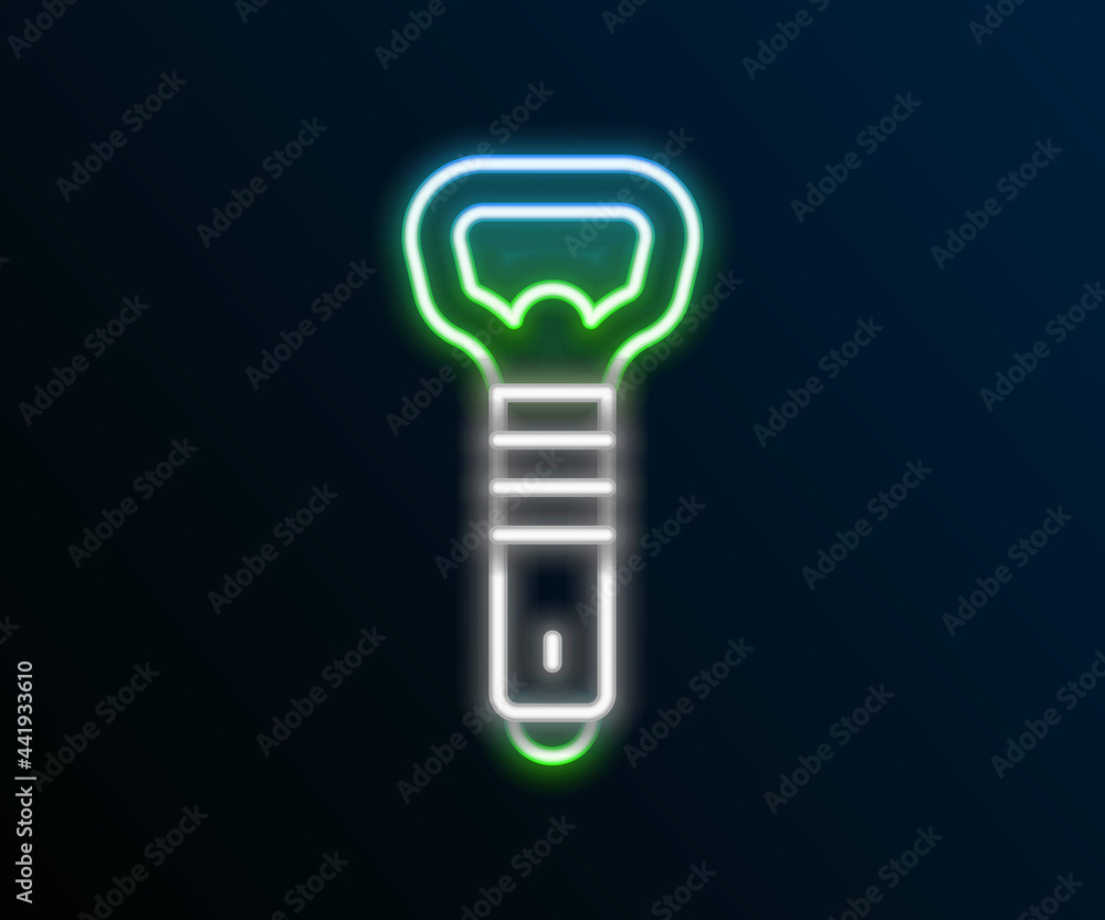 Glowing neon line Bottle opener icon isolated on black background. Colorful outline concept. Vector Glowing neon line Bottle opener icon isolated on black background. Colorful outline concept. Vector