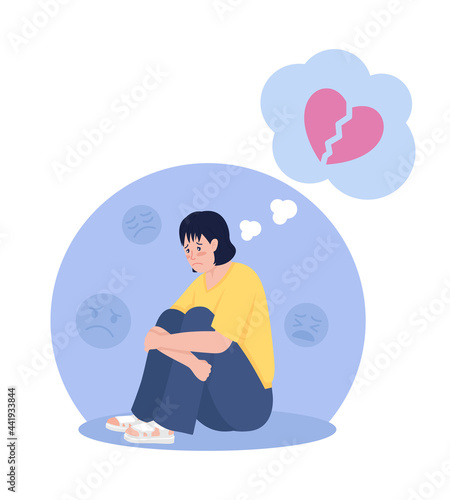 Sad lonely teenager thinking of breakup 2D vector isolated illustration. Girl sitting in chair upset over heart break flat characters on cartoon background. Teen problem colourful scene