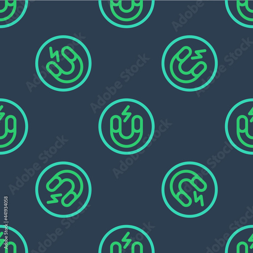 Line Magnet icon isolated seamless pattern on blue background. Horseshoe magnet, magnetism, magnetize, attraction. Vector
