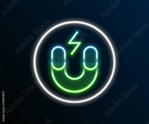 Glowing neon line Magnet icon isolated on black background. Horseshoe magnet, magnetism, magnetize, attraction. Colorful outline concept. Vector
