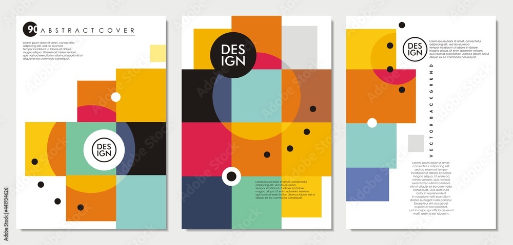Abstract templates collection with square shapes and circles. Minimalistic cover brochure design. Flyer, booklet, annual report, cover or stationery template. Modern geometric vector background. 
