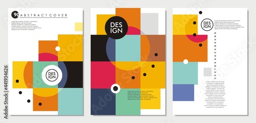 Abstract templates collection with square shapes and circles. Minimalistic cover brochure design. Flyer, booklet, annual report, cover or stationery template. Modern geometric vector background. 