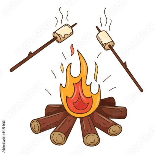 Marshmallows are fried on the fire. A wood-burning bonfire. Autumn entertainment. Decorative element with an outline. Doodle, hand-drawn. Flat design. Color vector illustration. Isolated on white