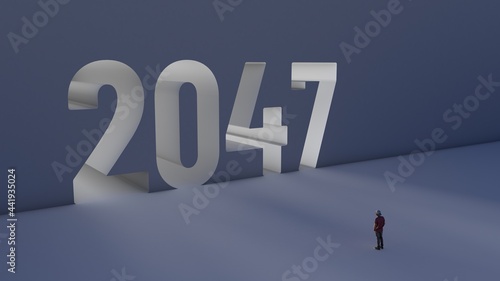 3D illustration of number 2047 with a man walking towards it