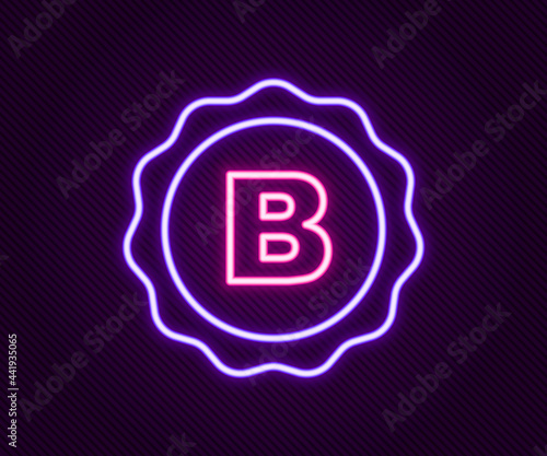 Glowing neon line Bottle cap with inscription beer icon isolated on black background. Colorful outline concept. Vector