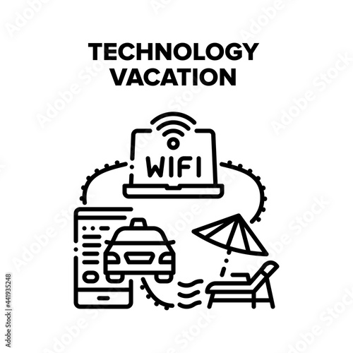 Technology Gadget Vacation Vector Icon Concept. Smartphone Application For Ordering Taxi Online And Hotel Wifi Connection With Laptop, Technology Gadget Vacation Black Illustration