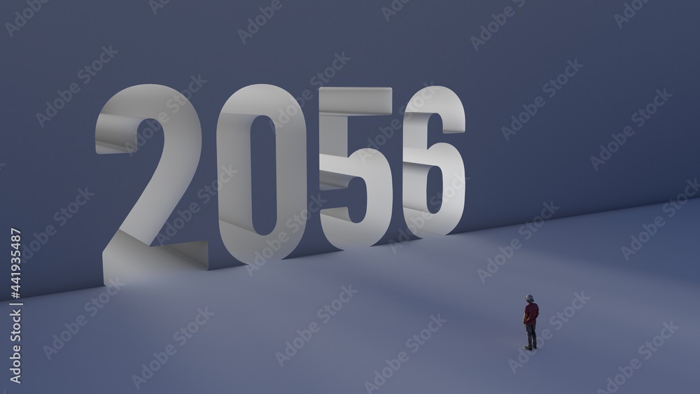 3D illustration of number 2056 with a man walking towards it 3D illustration of number 2056 with a man walking towards it