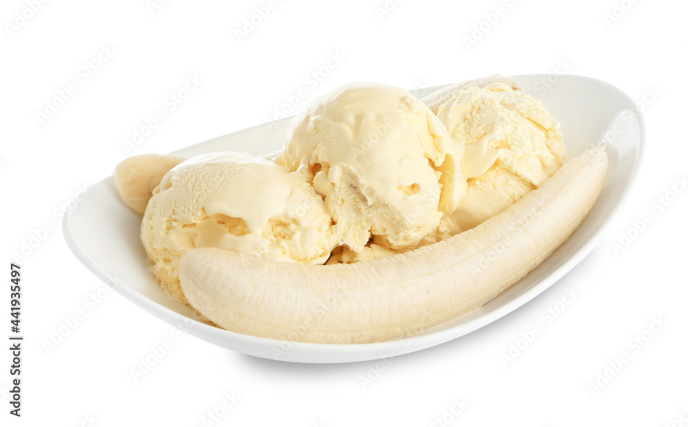 Delicious banana split ice cream isolated on white Delicious banana split ice cream isolated on white