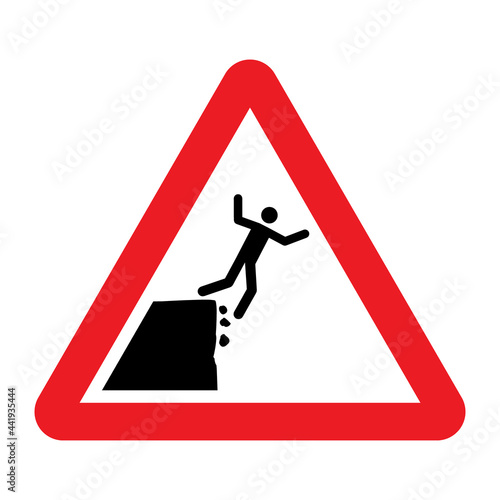 Unstable cliff edge warning sign. Vector illustration of red triangle sign with human falling from edge of land. Risk of injury or death. Danger crag symbol. Caution crumbling slope. 